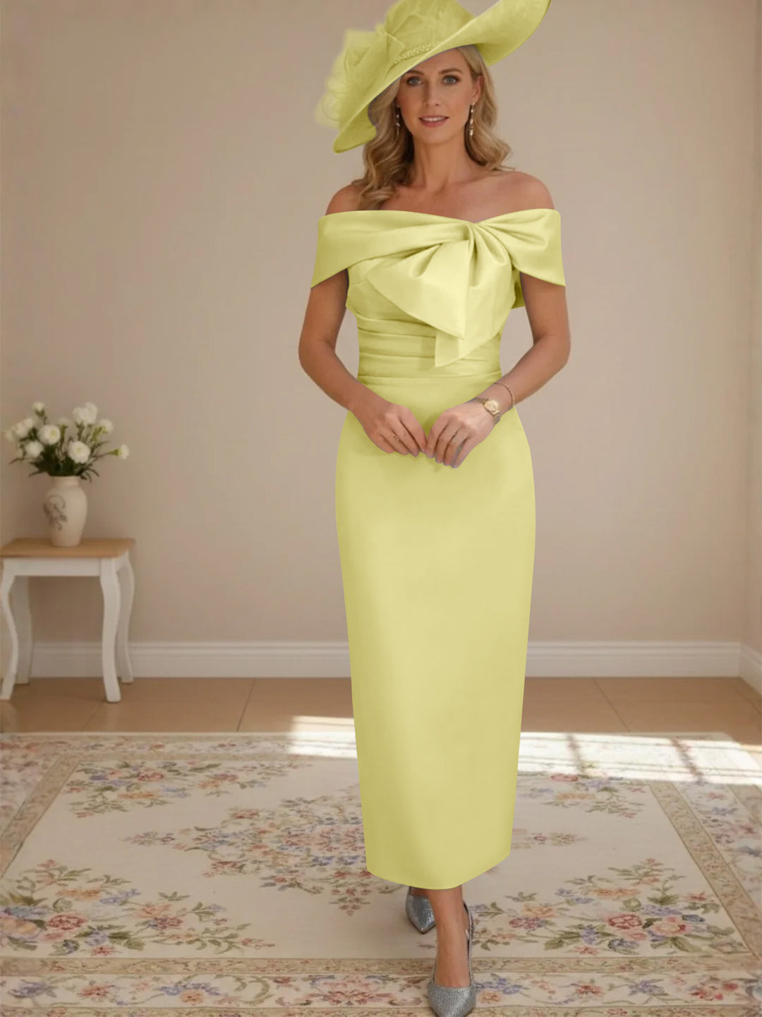 Robes de mère de la mariée, longueur de la cheville,hors de l'épaule, gaine/colonne, avec nœud papillon