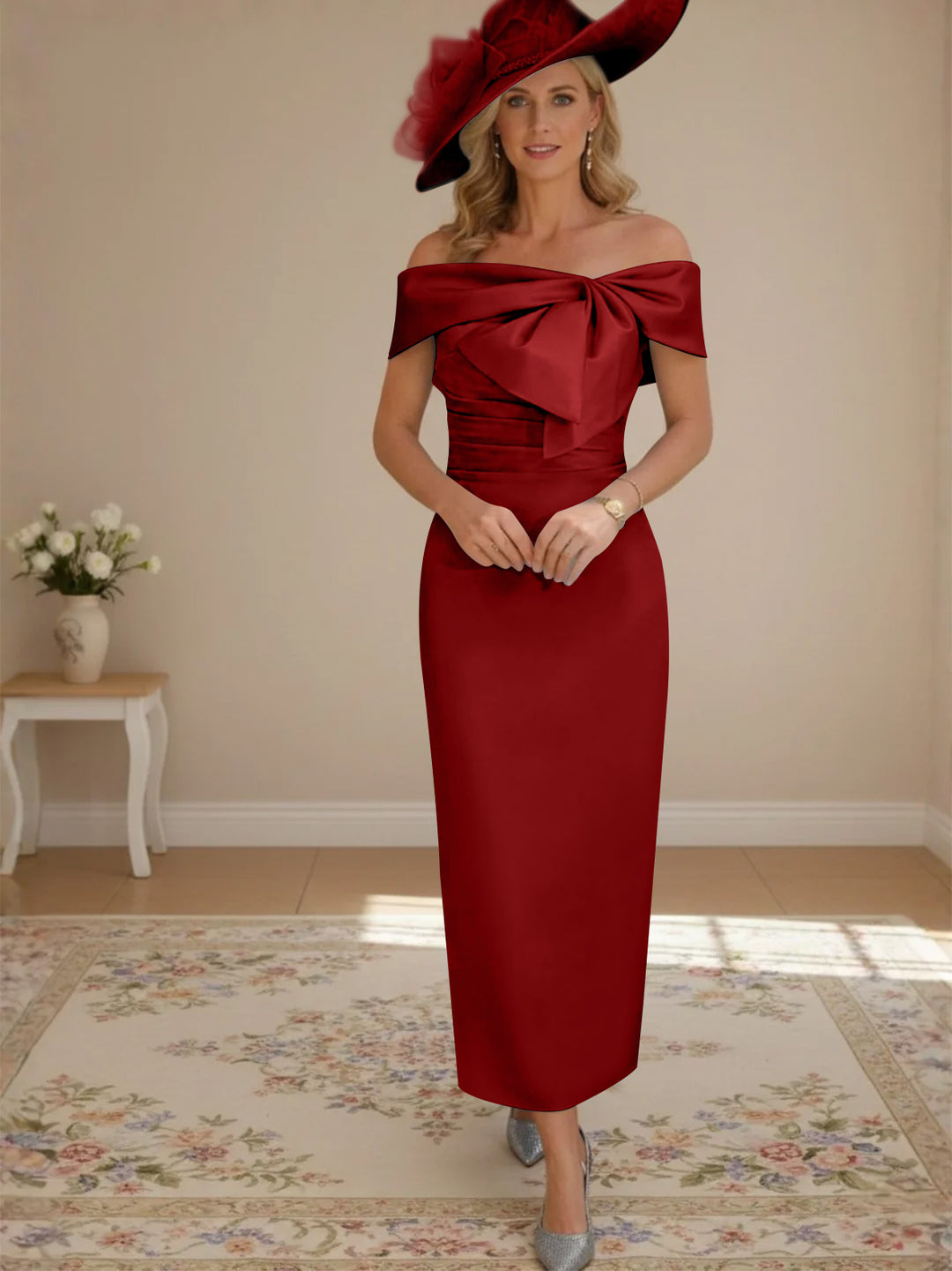 Robes de mère de la mariée, longueur de la cheville,hors de l'épaule, gaine/colonne, avec nœud papillon