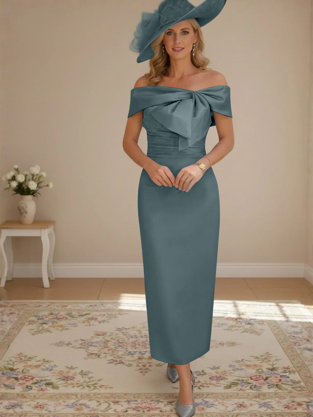 Robes de mère de la mariée, longueur de la cheville,hors de l'épaule, gaine/colonne, avec nœud papillon