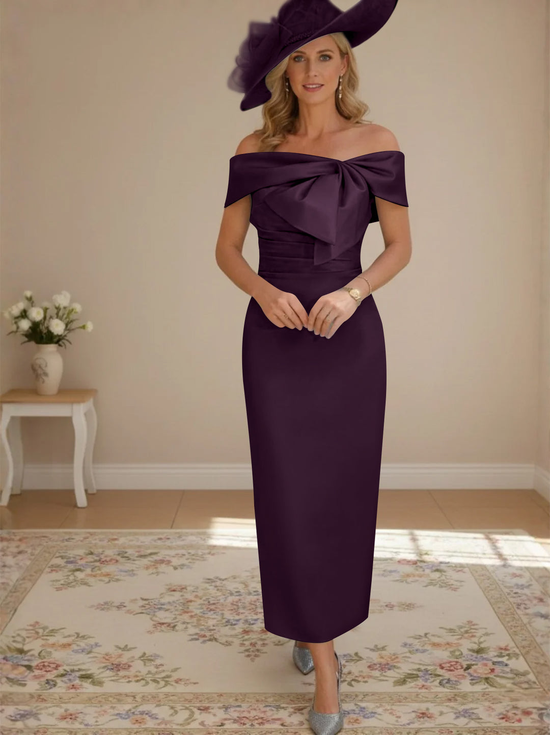 Robes de mère de la mariée, longueur de la cheville,hors de l'épaule, gaine/colonne, avec nœud papillon