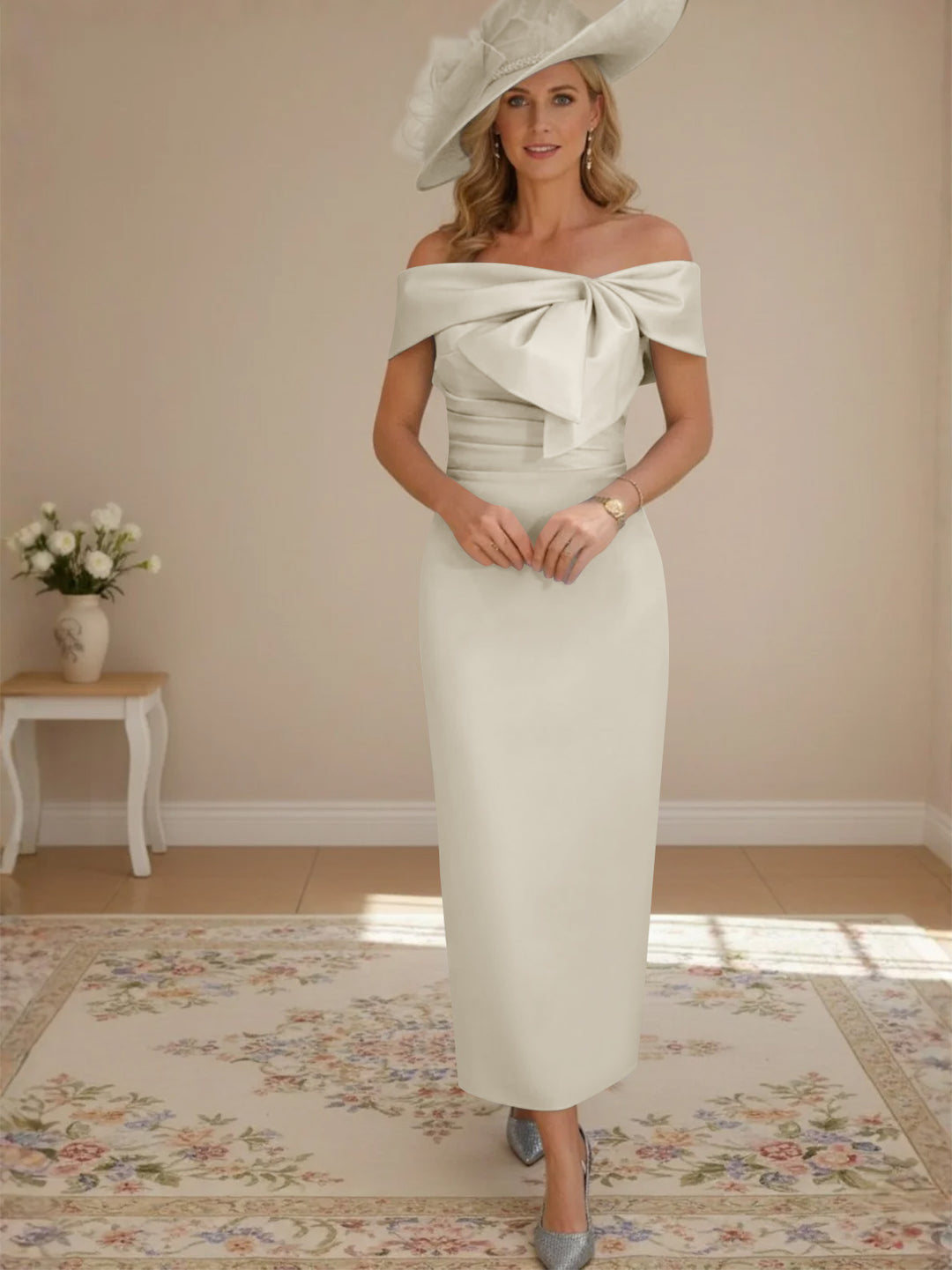 Robes de mère de la mariée, longueur de la cheville,hors de l'épaule, gaine/colonne, avec nœud papillon
