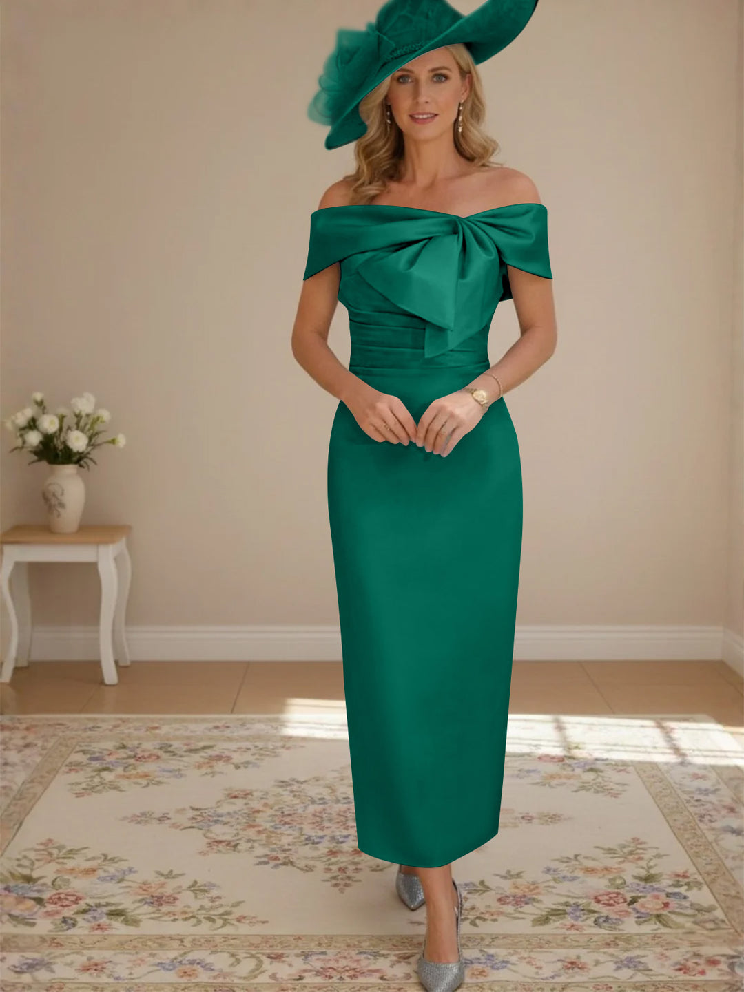 Robes de mère de la mariée, longueur de la cheville,hors de l'épaule, gaine/colonne, avec nœud papillon