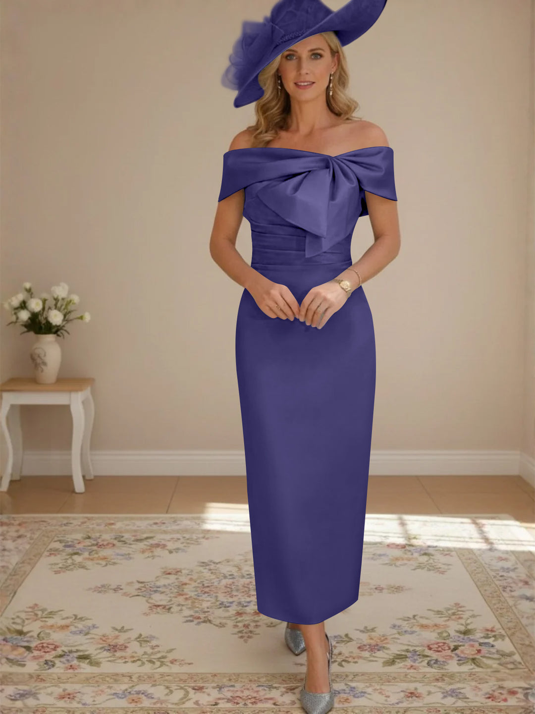 Robes de mère de la mariée, longueur de la cheville,hors de l'épaule, gaine/colonne, avec nœud papillon