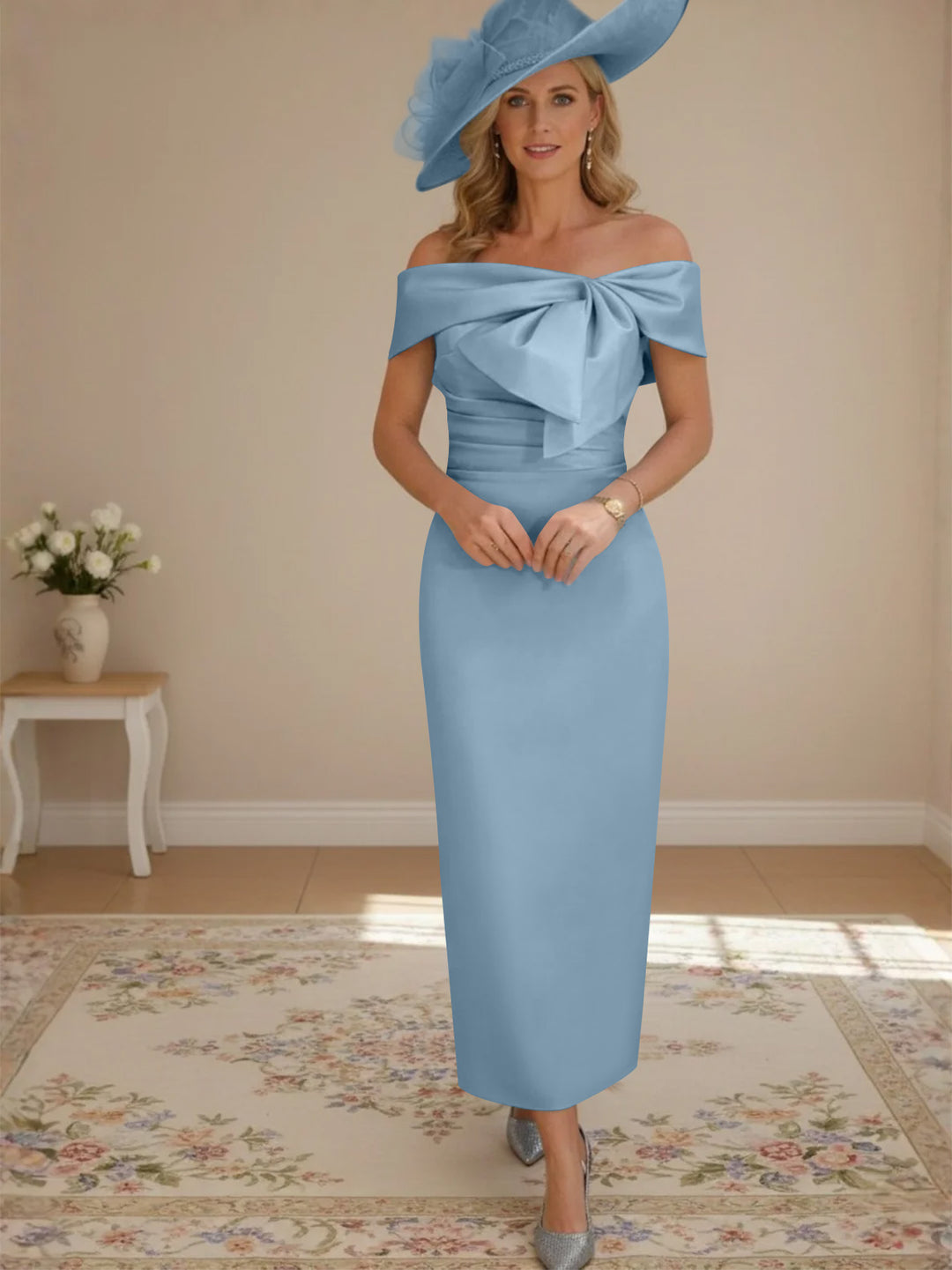 Robes de mère de la mariée, longueur de la cheville,hors de l'épaule, gaine/colonne, avec nœud papillon