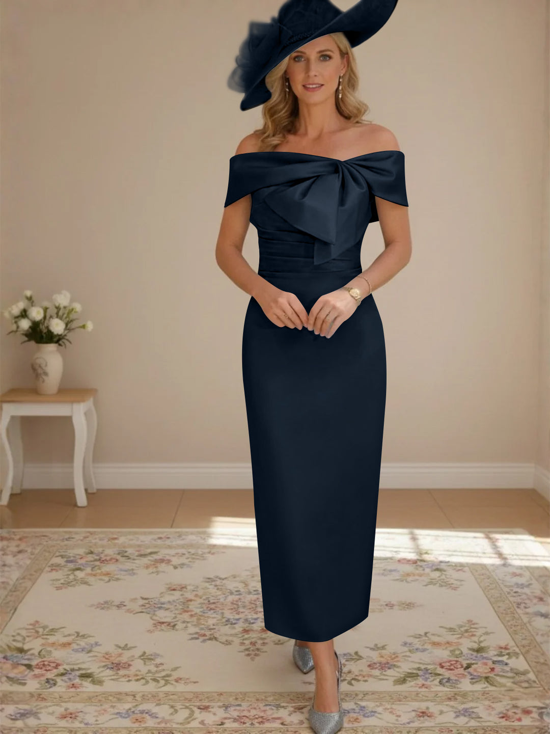 Robes de mère de la mariée, longueur de la cheville,hors de l'épaule, gaine/colonne, avec nœud papillon