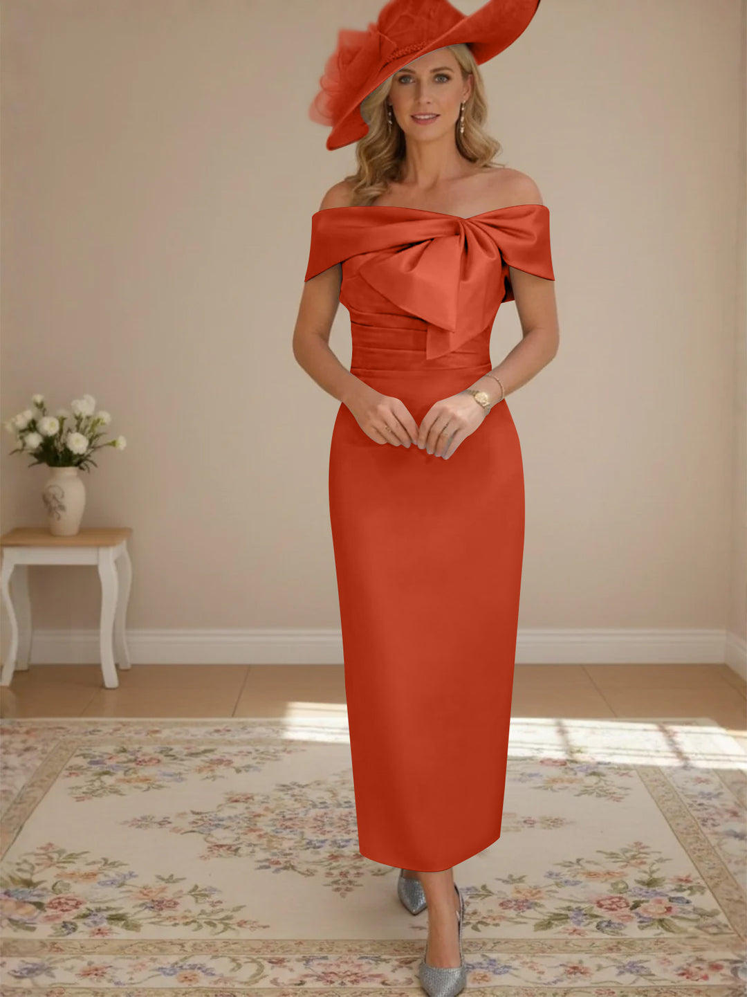 Robes de mère de la mariée, longueur de la cheville,hors de l'épaule, gaine/colonne, avec nœud papillon