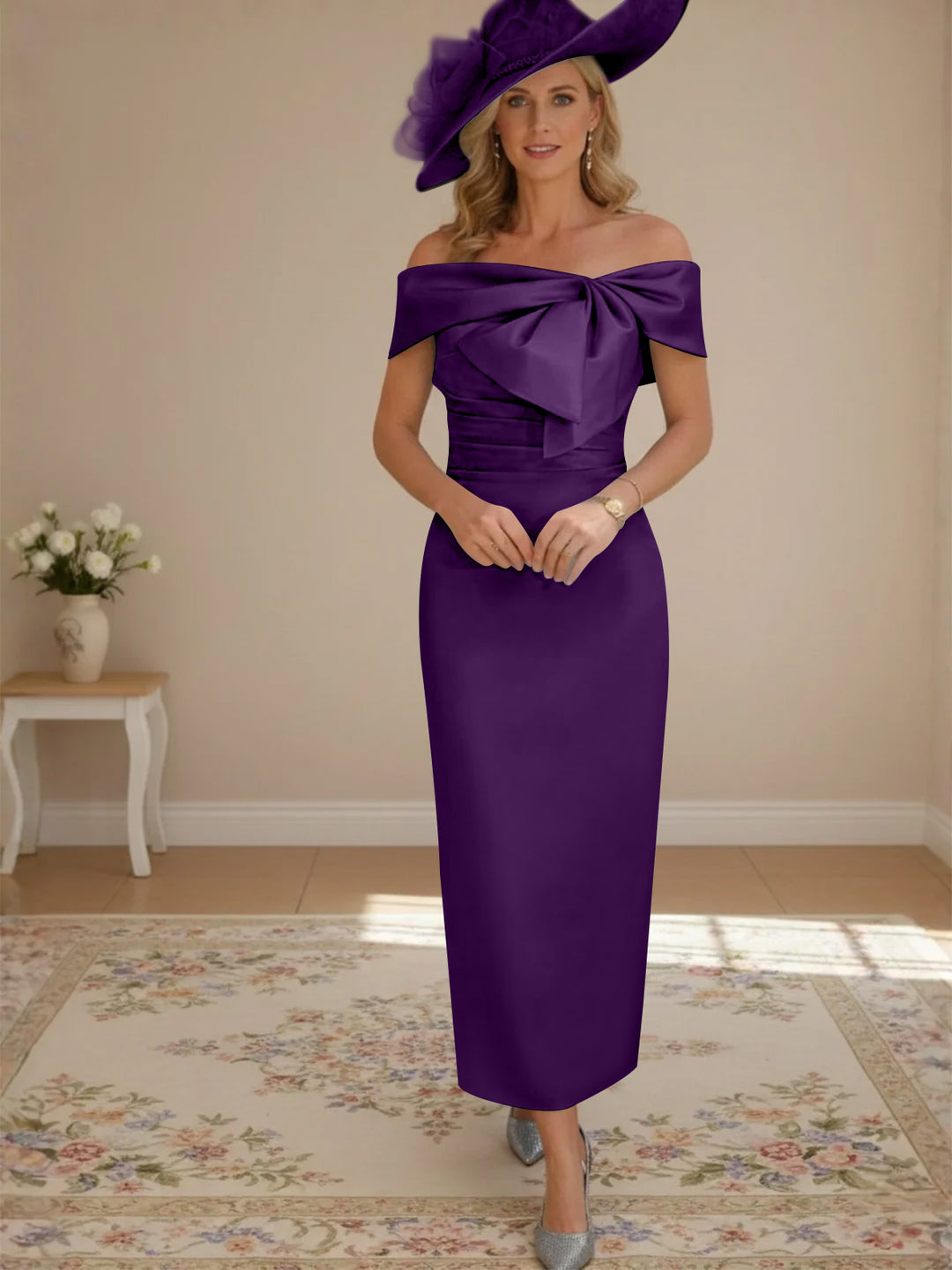 Robes de mère de la mariée, longueur de la cheville,hors de l'épaule, gaine/colonne, avec nœud papillon