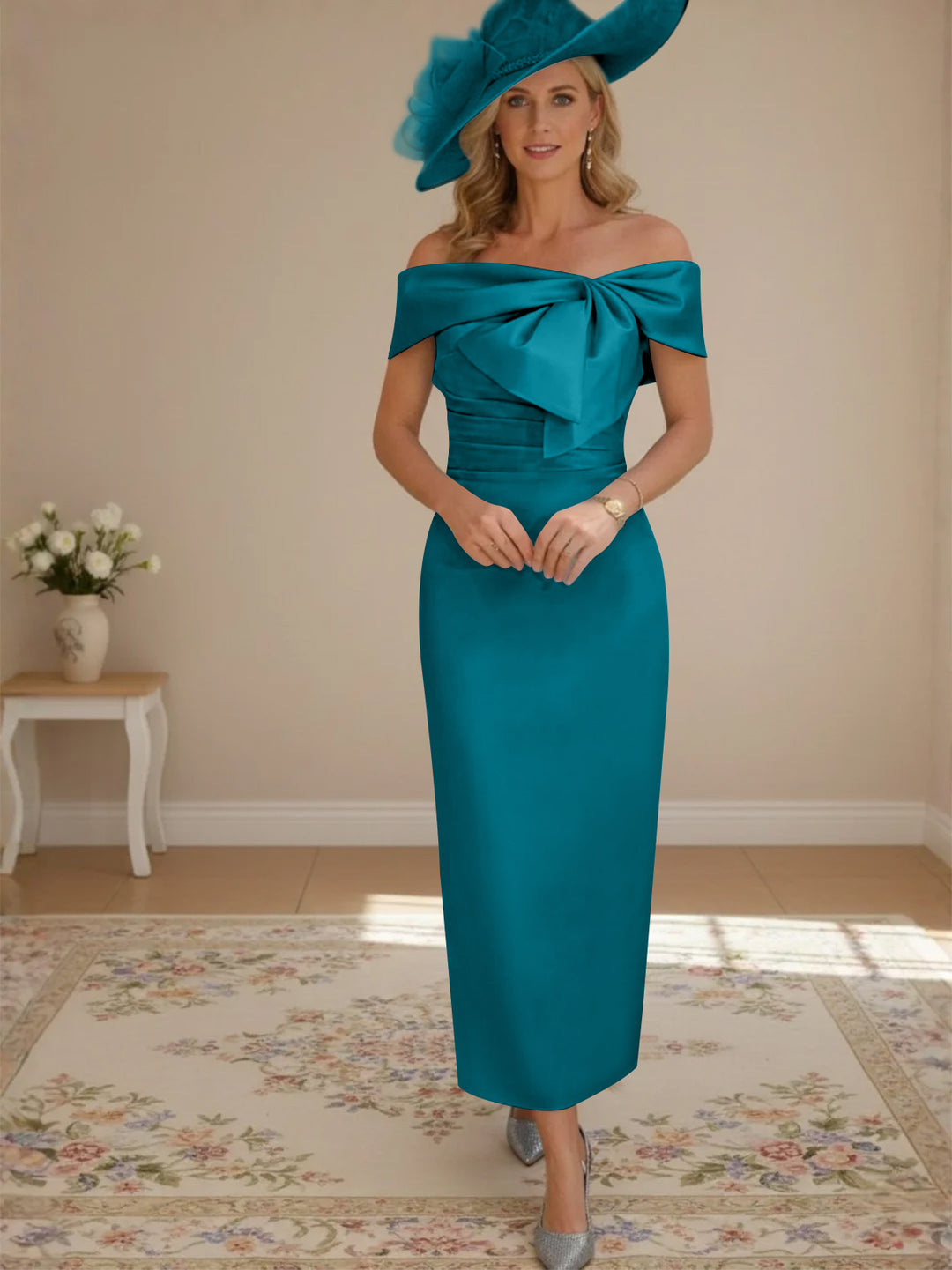 Robes de mère de la mariée, longueur de la cheville,hors de l'épaule, gaine/colonne, avec nœud papillon