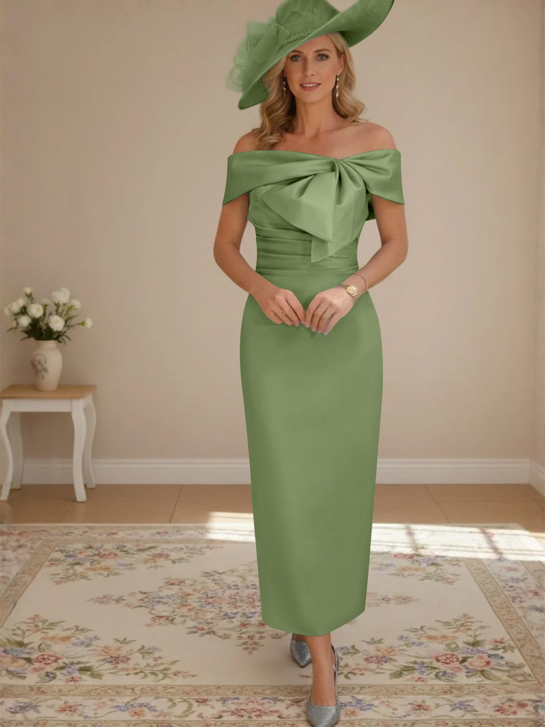 Robes de mère de la mariée, longueur de la cheville,hors de l'épaule, gaine/colonne, avec nœud papillon