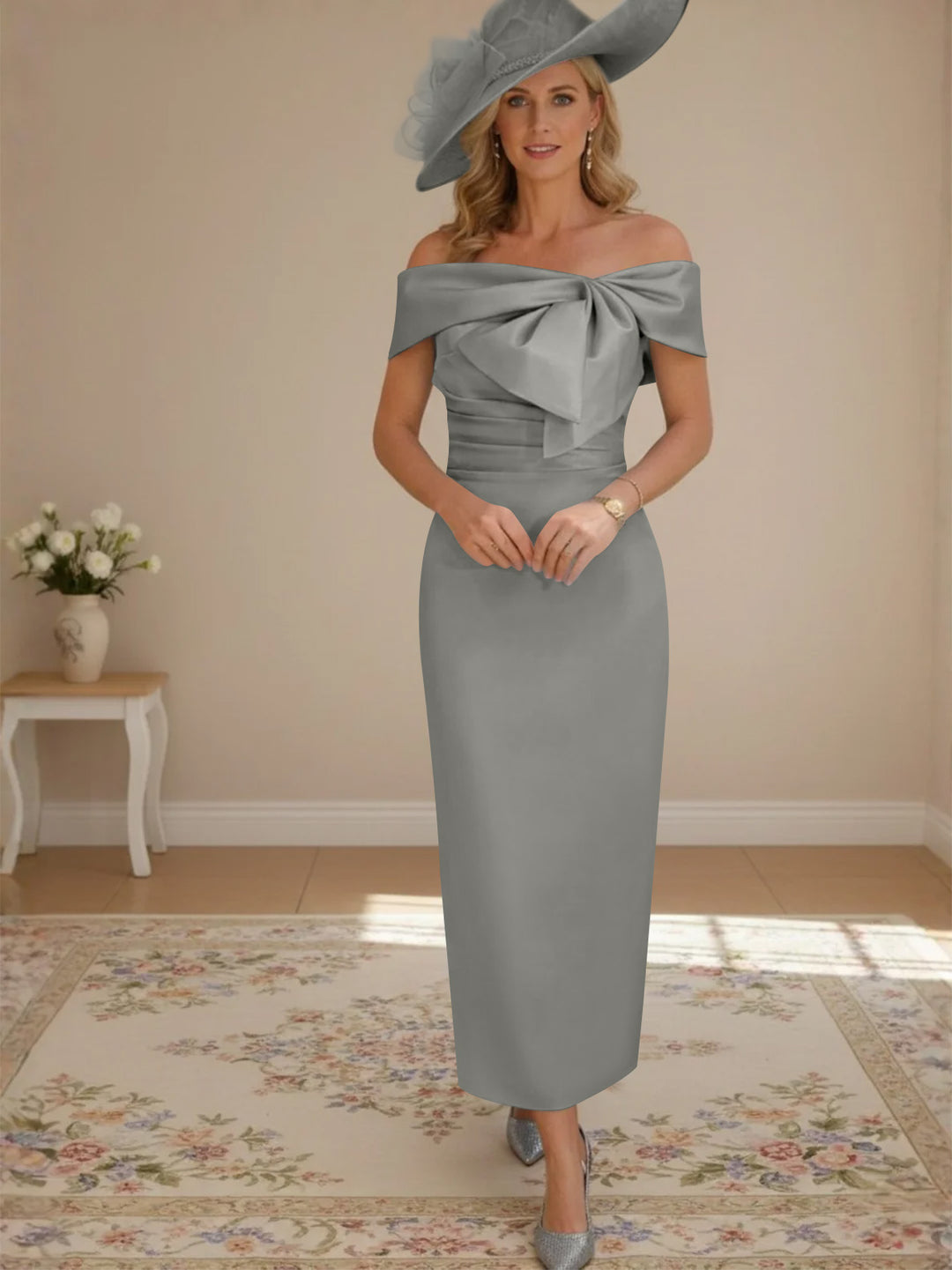 Robes de mère de la mariée, longueur de la cheville,hors de l'épaule, gaine/colonne, avec nœud papillon