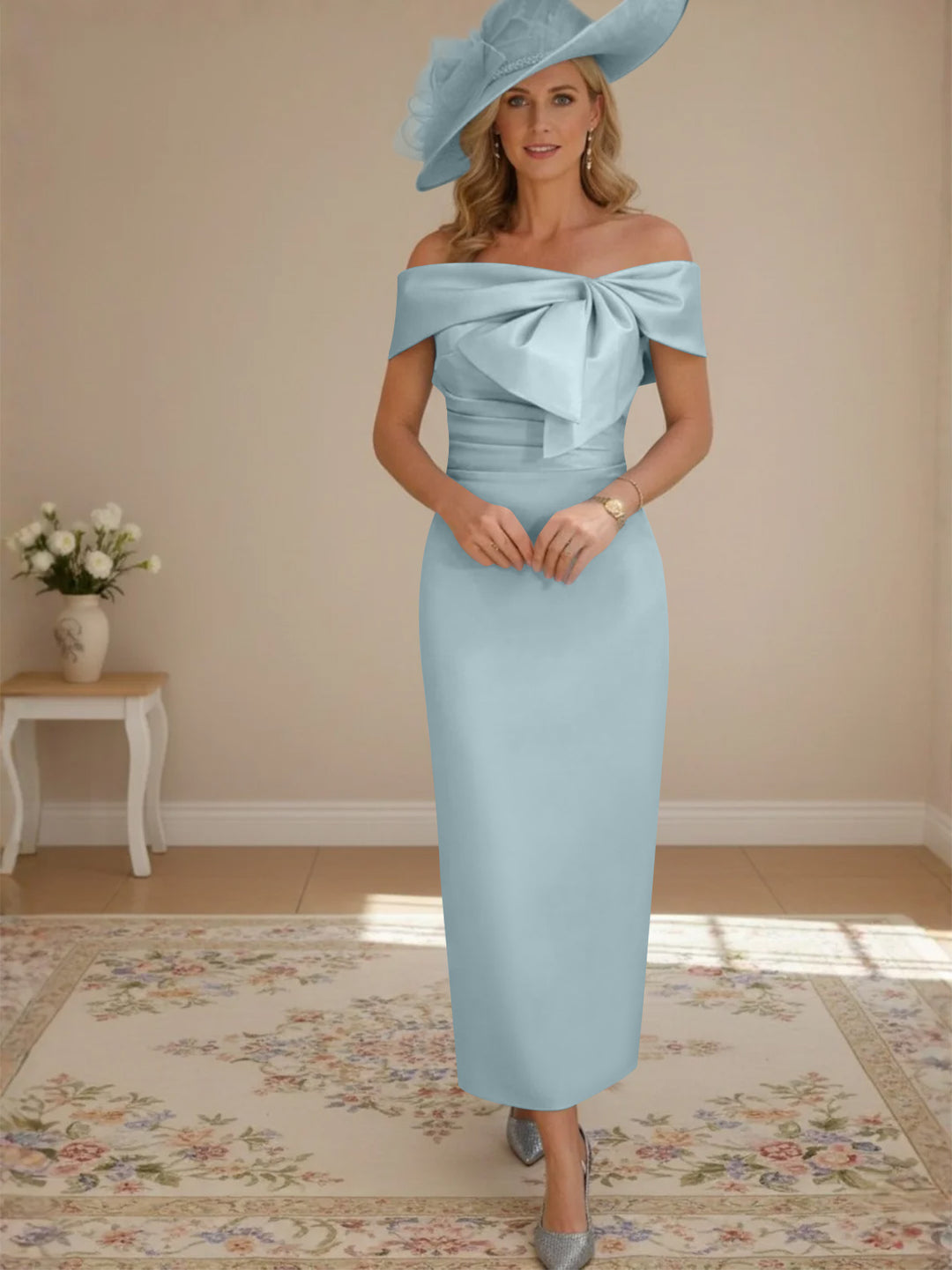 Robes de mère de la mariée, longueur de la cheville,hors de l'épaule, gaine/colonne, avec nœud papillon