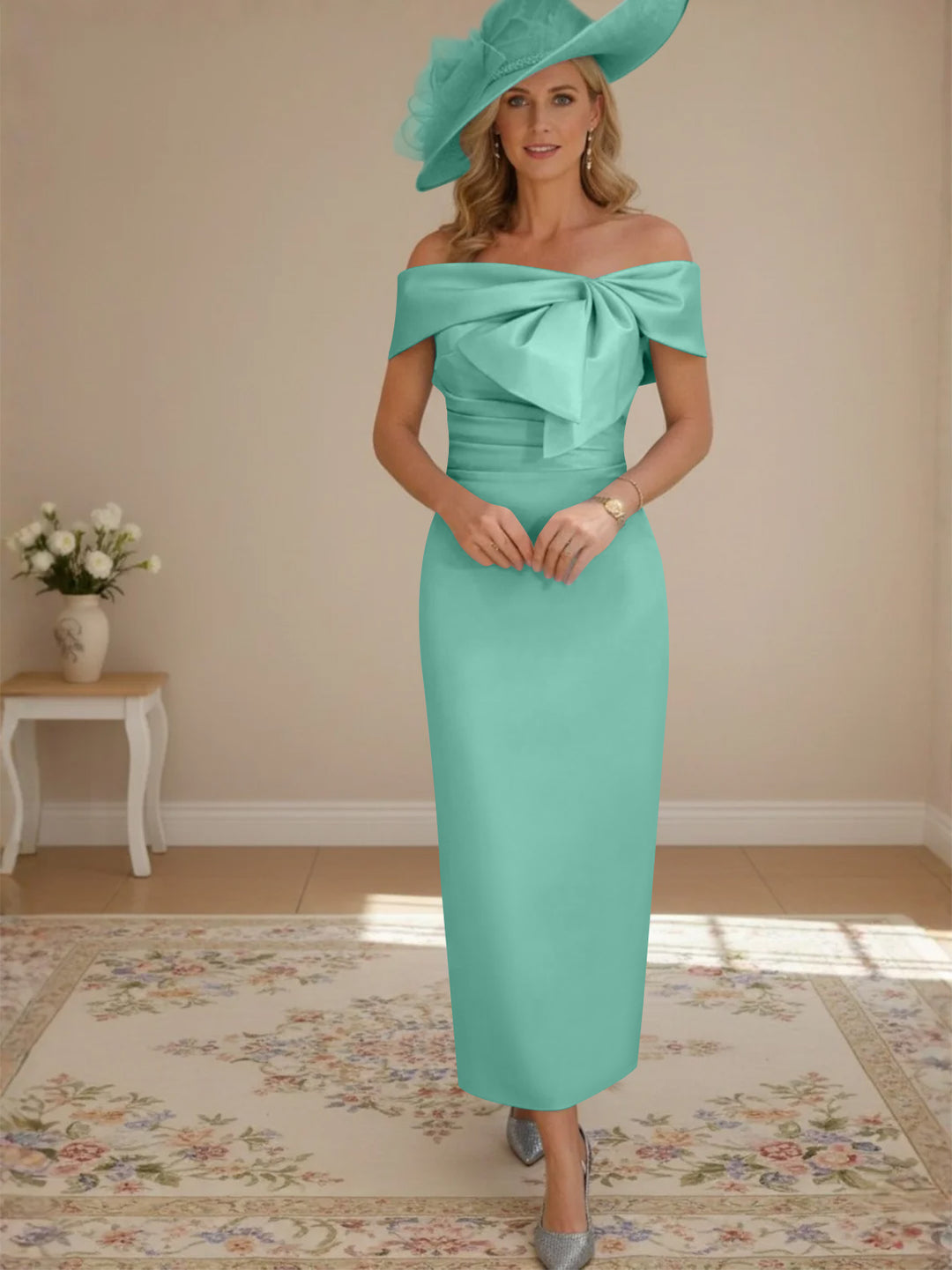 Robes de mère de la mariée, longueur de la cheville,hors de l'épaule, gaine/colonne, avec nœud papillon