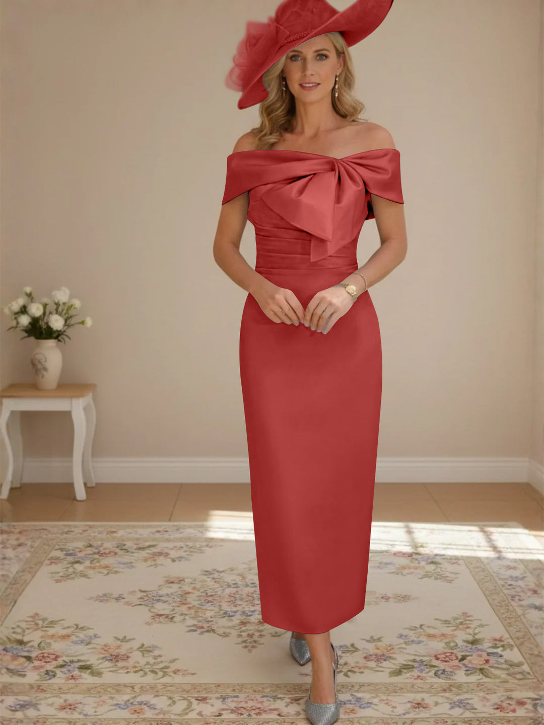 Robes de mère de la mariée, longueur de la cheville,hors de l'épaule, gaine/colonne, avec nœud papillon