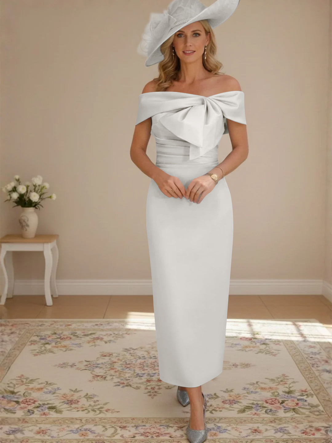 Robes de mère de la mariée, longueur de la cheville,hors de l'épaule, gaine/colonne, avec nœud papillon