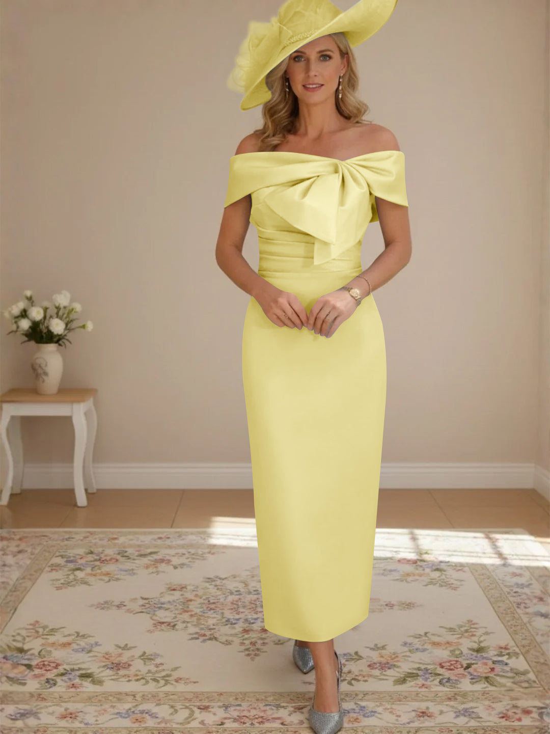 Robes de mère de la mariée, longueur de la cheville,hors de l'épaule, gaine/colonne, avec nœud papillon