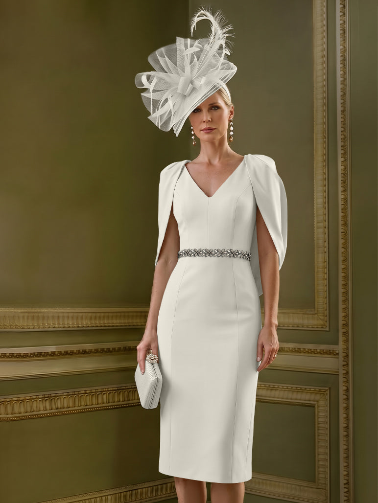 Robes pour mère de la mariée, coupe fourreau/colonne, longueur au genou, décolleté en V, avec cape