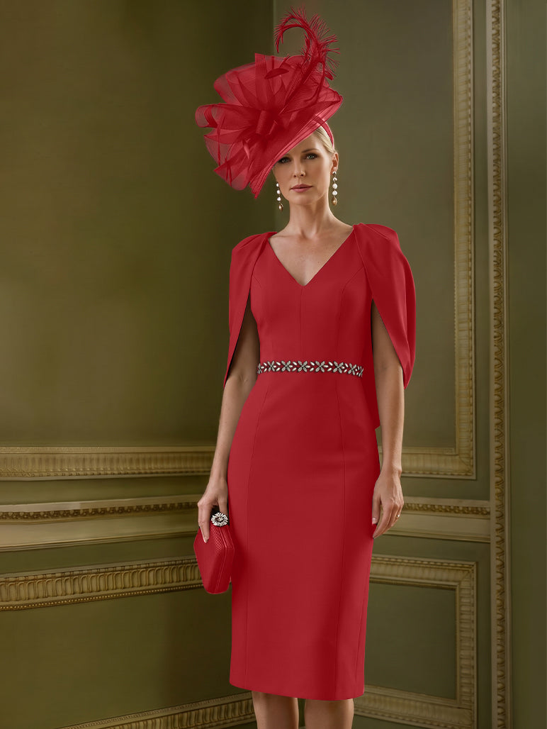 Robes pour mère de la mariée, coupe fourreau/colonne, longueur au genou, décolleté en V, avec cape