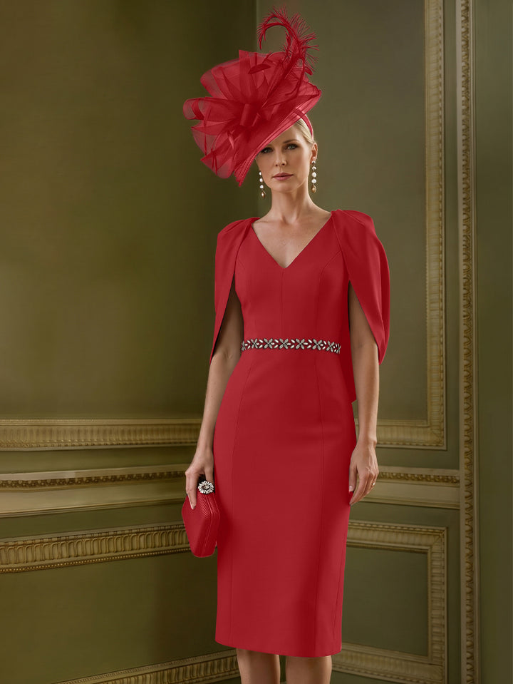 Robes pour mère de la mariée, coupe fourreau/colonne, longueur au genou, décolleté en V, avec cape