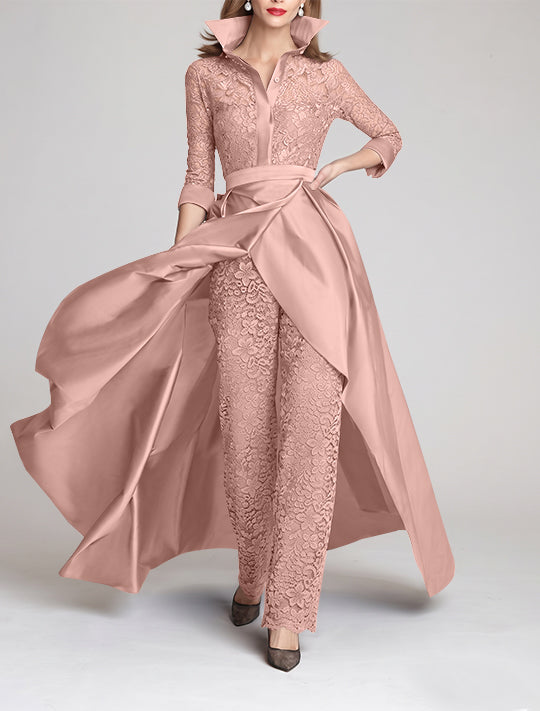 Combinaison tailleur-pantalon mère de la mariée, manches 3/4, col chemisier, dentelle, fronces, amovible