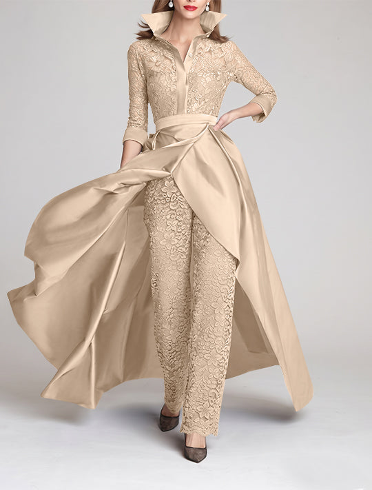 Combinaison tailleur-pantalon mère de la mariée, manches 3/4, col chemisier, dentelle, fronces, amovible