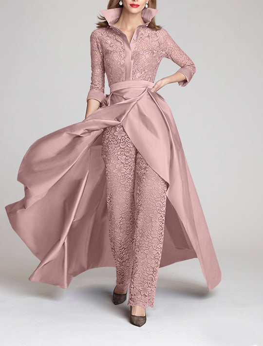 Combinaison tailleur-pantalon mère de la mariée, manches 3/4, col chemisier, dentelle, fronces, amovible