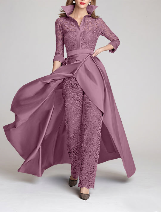 Combinaison tailleur-pantalon mère de la mariée, manches 3/4, col chemisier, dentelle, fronces, amovible