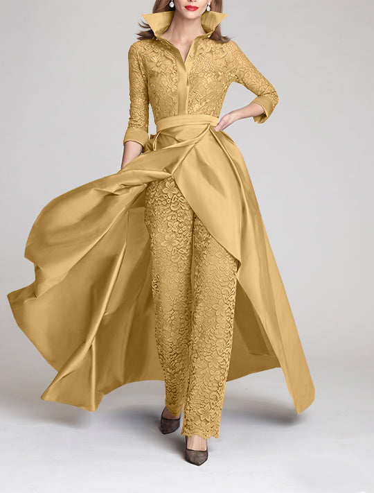 Combinaison tailleur-pantalon mère de la mariée, manches 3/4, col chemisier, dentelle, fronces, amovible