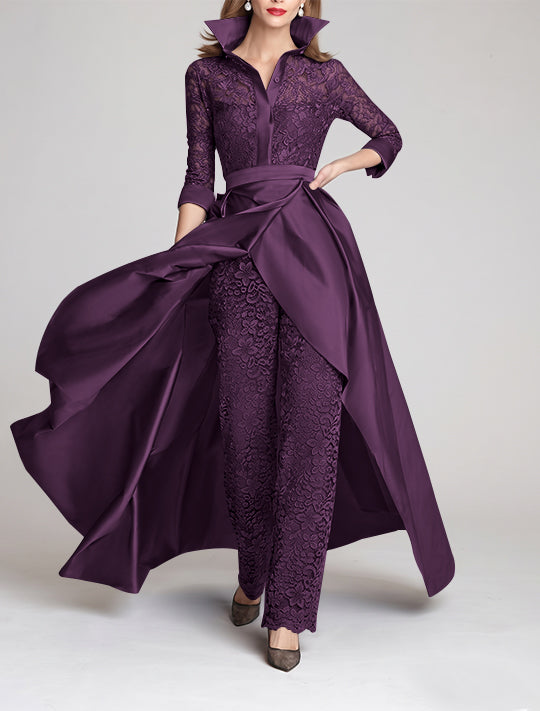 Combinaison tailleur-pantalon mère de la mariée, manches 3/4, col chemisier, dentelle, fronces, amovible