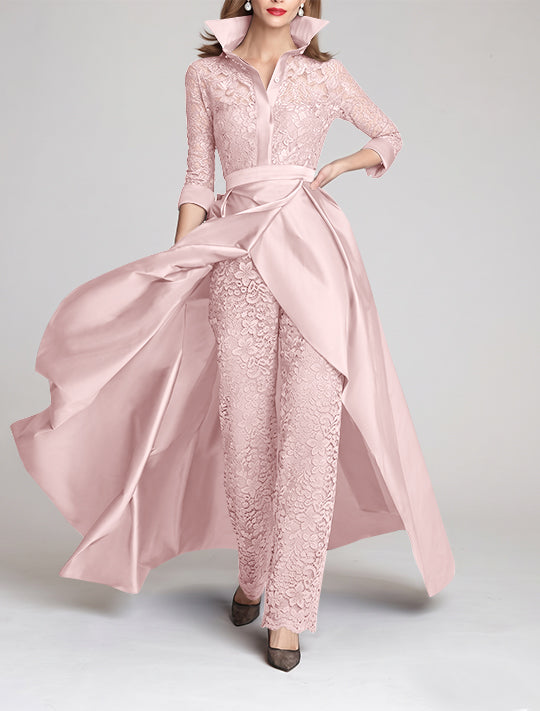 Combinaison tailleur-pantalon mère de la mariée, manches 3/4, col chemisier, dentelle, fronces, amovible