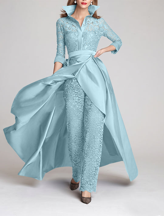 Combinaison tailleur-pantalon mère de la mariée, manches 3/4, col chemisier, dentelle, fronces, amovible
