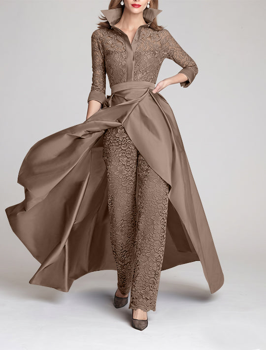 Combinaison tailleur-pantalon mère de la mariée, manches 3/4, col chemisier, dentelle, fronces, amovible