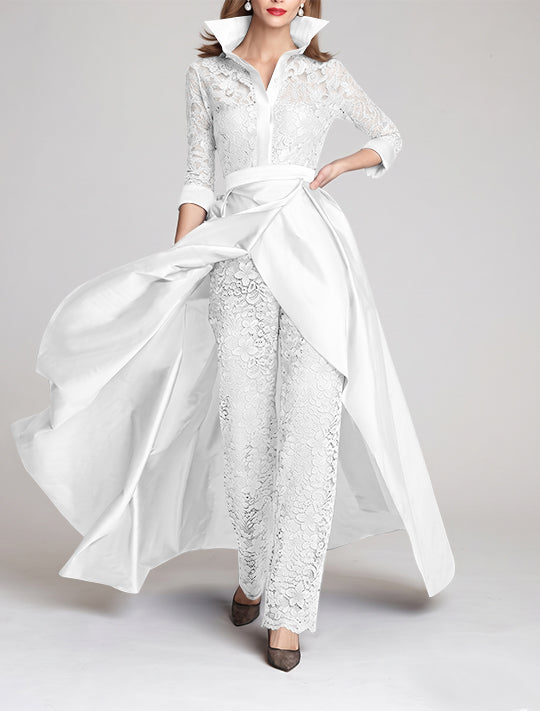 Combinaison tailleur-pantalon mère de la mariée, manches 3/4, col chemisier, dentelle, fronces, amovible