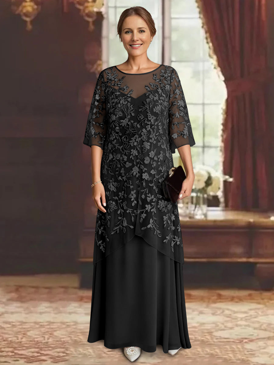 Robe mère de la mariée mousseline ligne A, manches mi-longues, longueur cheville, dentelle