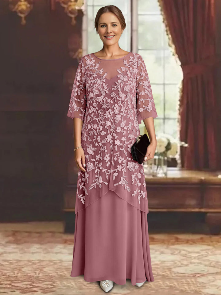 Robe mère de la mariée mousseline ligne A, manches mi-longues, longueur cheville, dentelle