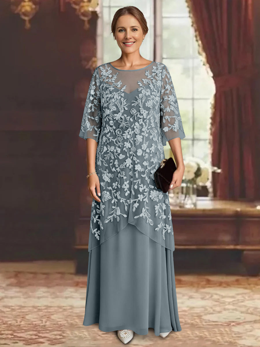 Robe mère de la mariée mousseline ligne A, manches mi-longues, longueur cheville, dentelle