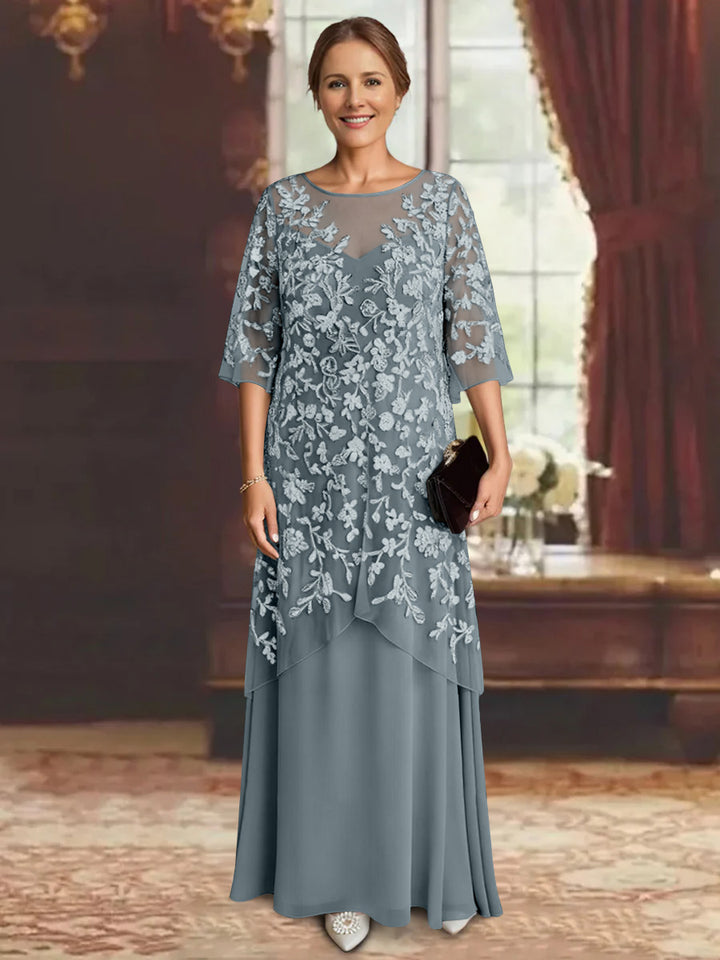 Robe mère de la mariée mousseline ligne A, manches mi-longues, longueur cheville, dentelle