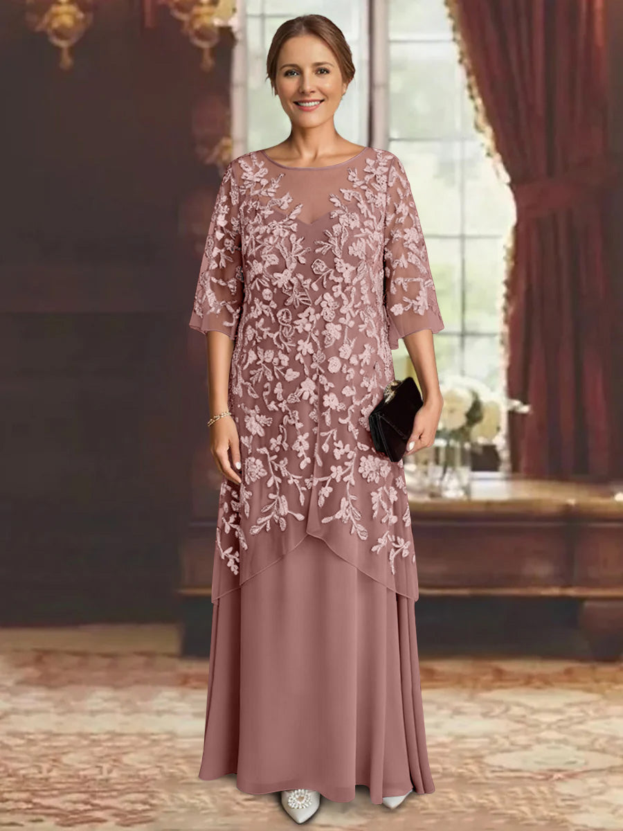 Robe mère de la mariée mousseline ligne A, manches mi-longues, longueur cheville, dentelle
