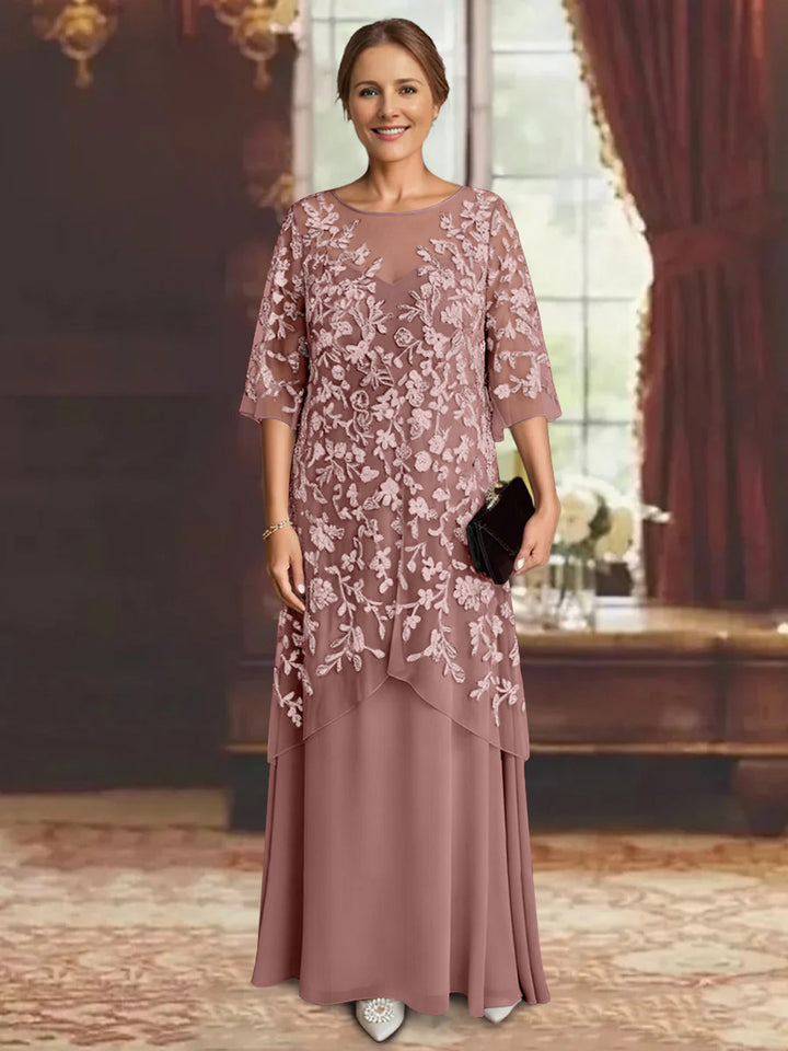 Robe mère de la mariée mousseline ligne A, manches mi-longues, longueur cheville, dentelle