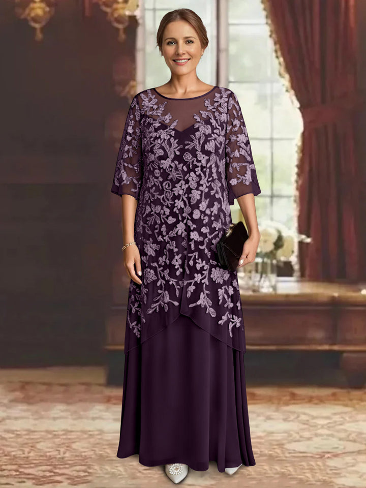 Robe mère de la mariée mousseline ligne A, manches mi-longues, longueur cheville, dentelle