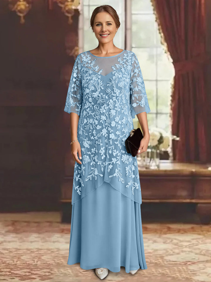 Robe mère de la mariée mousseline ligne A, manches mi-longues, longueur cheville, dentelle