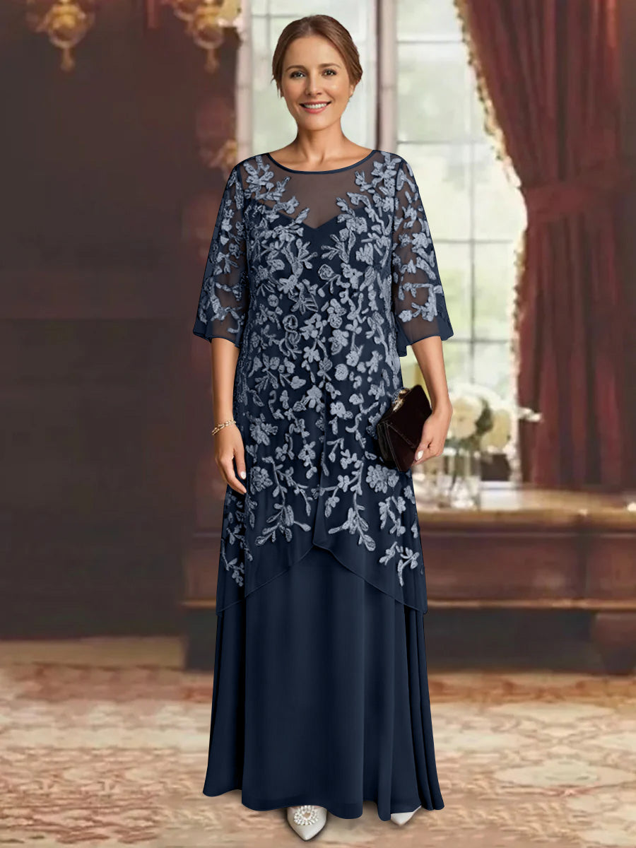 Robe mère de la mariée mousseline ligne A, manches mi-longues, longueur cheville, dentelle
