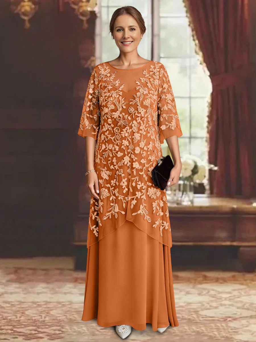 Robe mère de la mariée mousseline ligne A, manches mi-longues, longueur cheville, dentelle