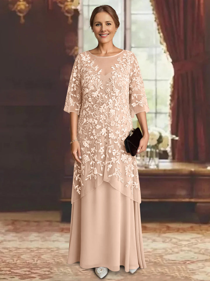 Robe mère de la mariée mousseline ligne A, manches mi-longues, longueur cheville, dentelle