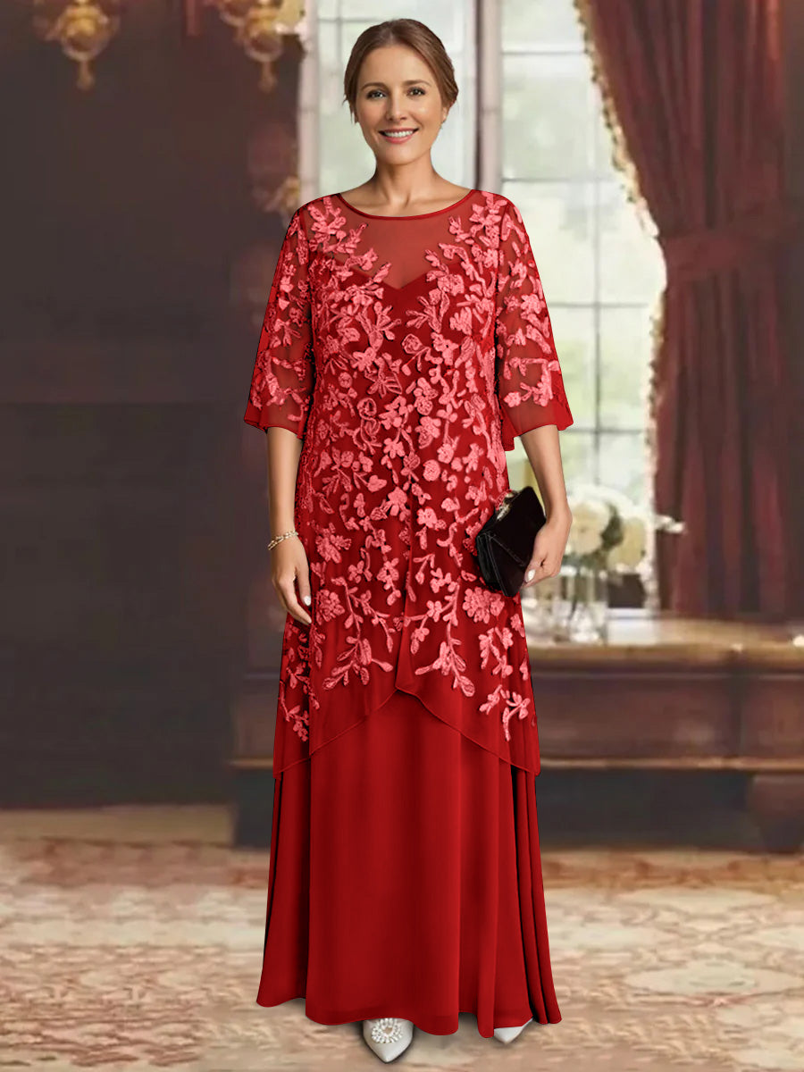 Robe mère de la mariée mousseline ligne A, manches mi-longues, longueur cheville, dentelle