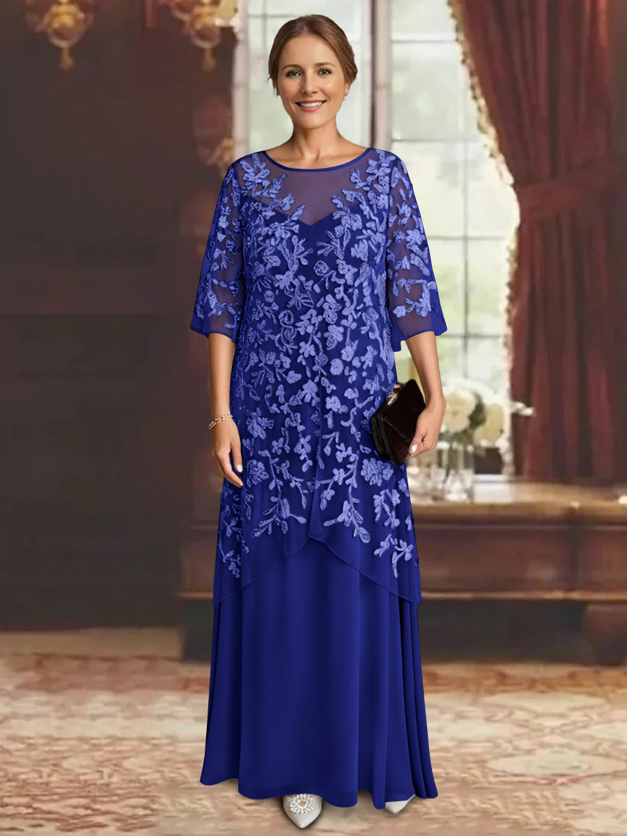 Robe mère de la mariée mousseline ligne A, manches mi-longues, longueur cheville, dentelle