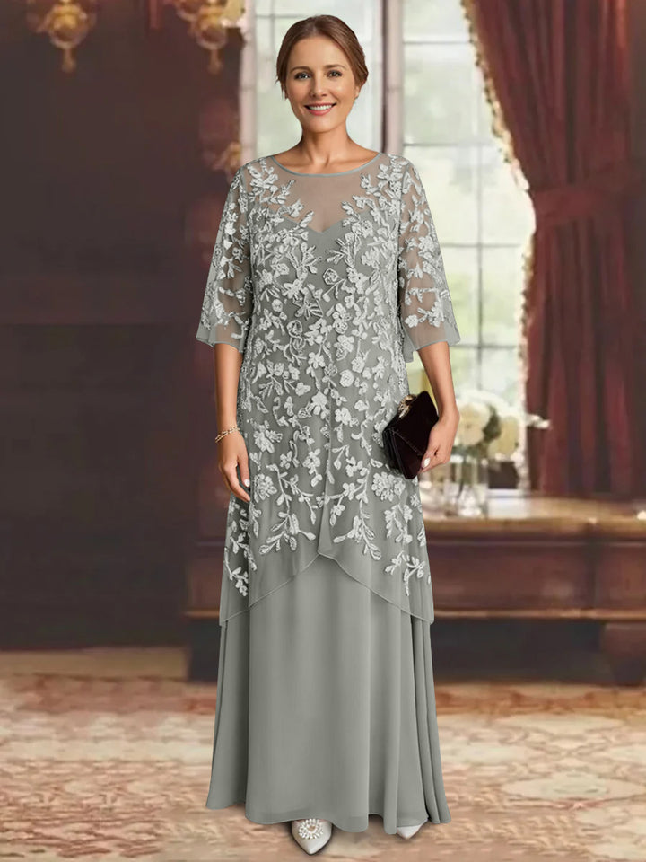 Robe mère de la mariée mousseline ligne A, manches mi-longues, longueur cheville, dentelle