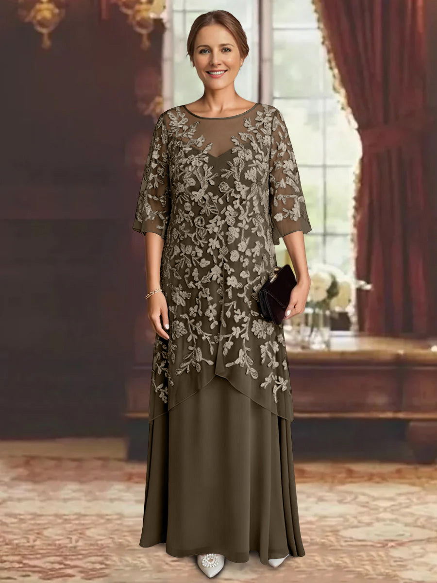 Robe mère de la mariée mousseline ligne A, manches mi-longues, longueur cheville, dentelle