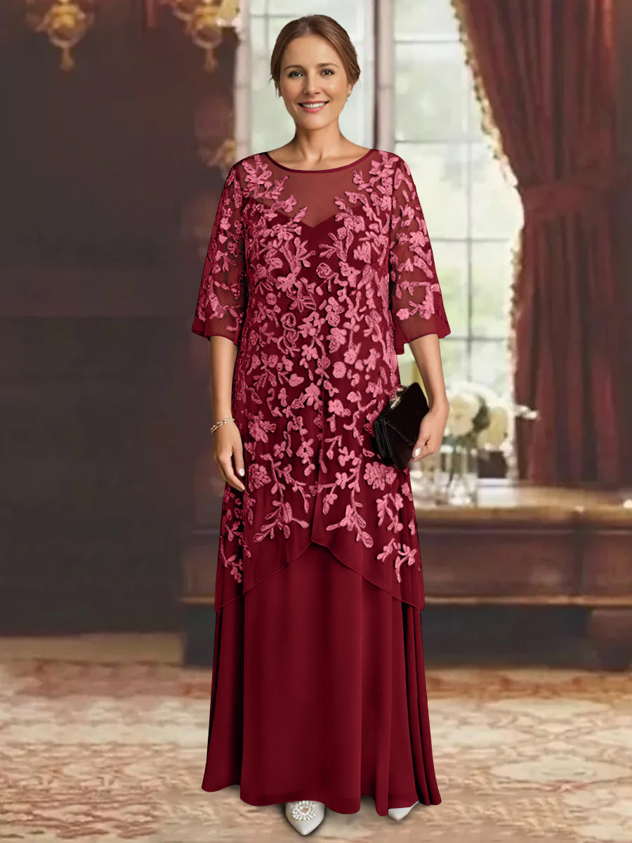 Robe mère de la mariée mousseline ligne A, manches mi-longues, longueur cheville, dentelle
