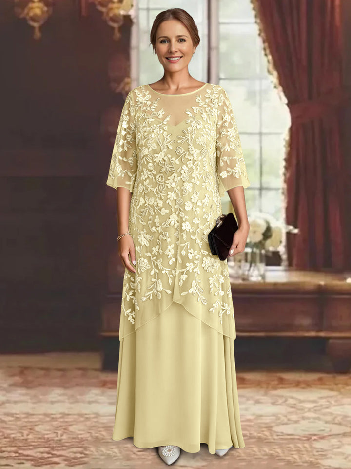 Robe mère de la mariée mousseline ligne A, manches mi-longues, longueur cheville, dentelle