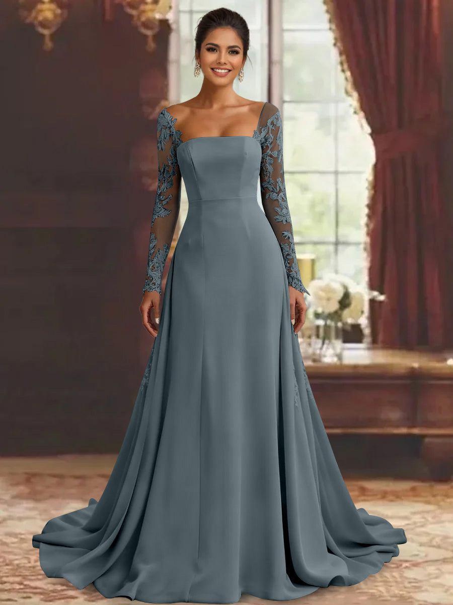 Robe mère de la mariée fourreau, manches longues, longueur sol, dentelle et appliques